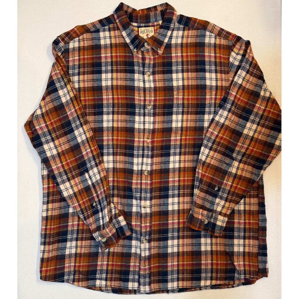 Red Head Brand Co Mens 2XL Plaid Flannel Shirt Orange Navy Blue 602F909 Cotton